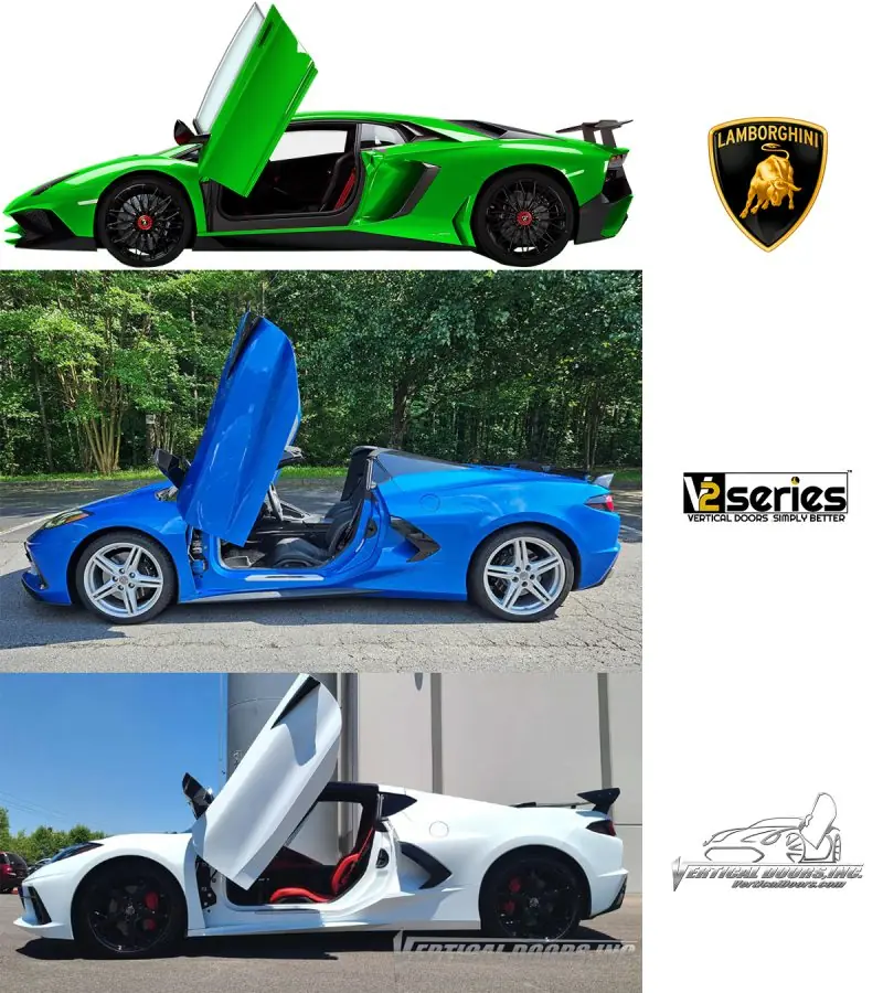 Side view comparing Eikon Motorsports V2 kit, competitor’s vertical door kit, and Lamborghini Aventador